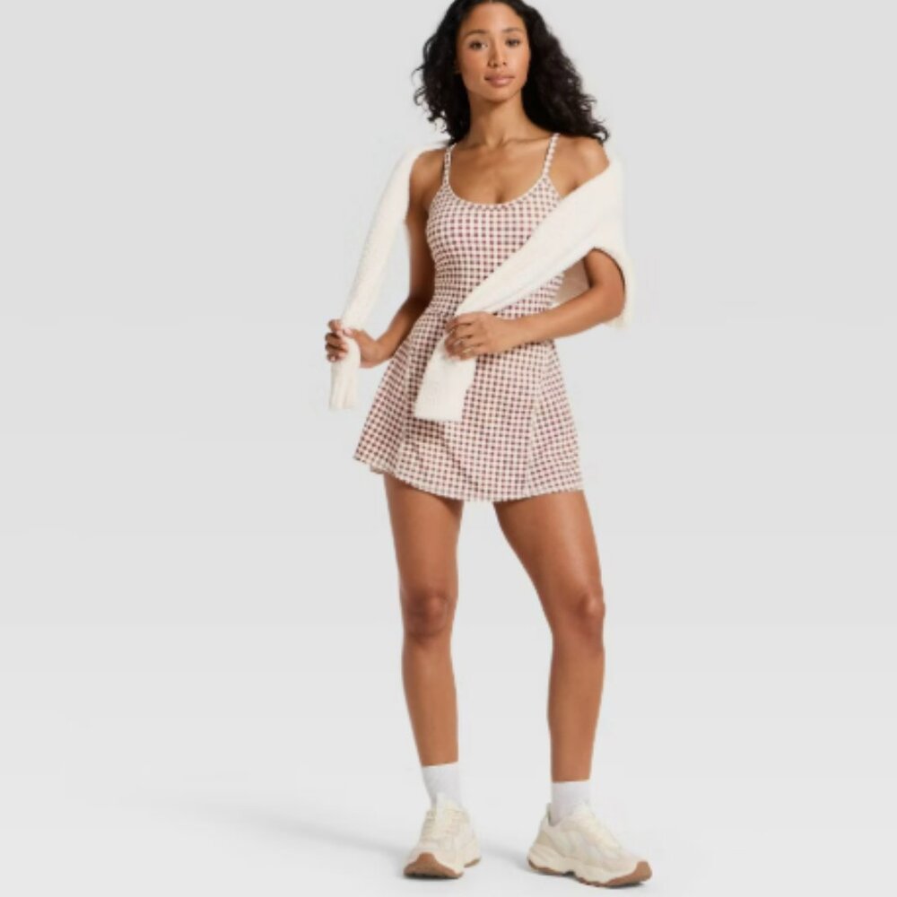 JoyLab - Women's Cinch Back Active Dress - Brown Gingham Large